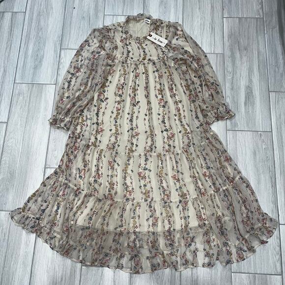In Loom Women's MD Cream Floral Tiered Chiffon Overlay Babydoll Midi Dress NWT - Picture 4 of 9